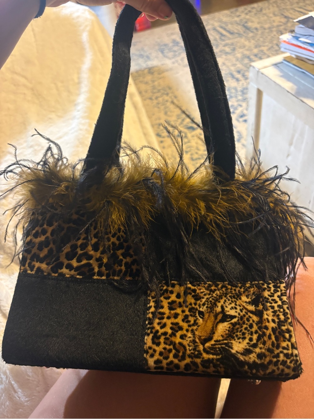Source Unknown Black and Leopard-Print Faux Fur Shoulder Bag